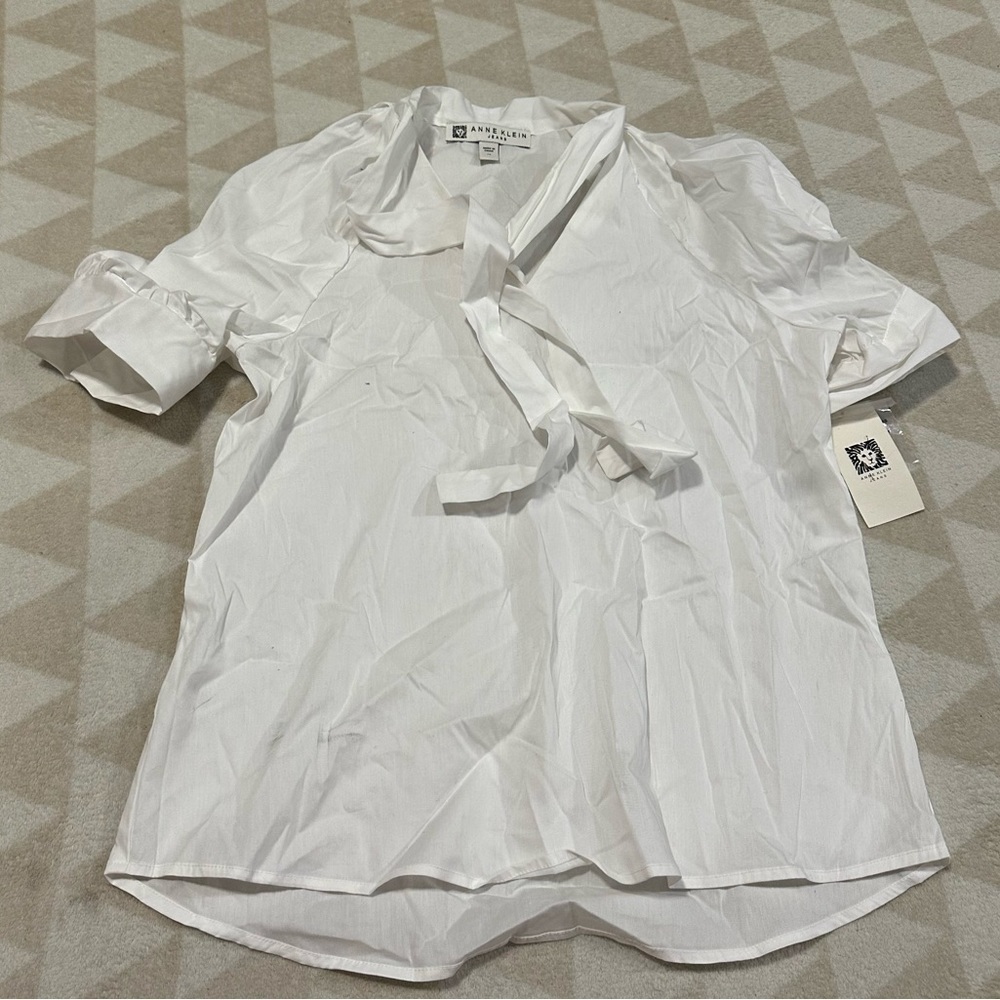 Anne klein ivory puff sleeve tie neck blouse notch neck